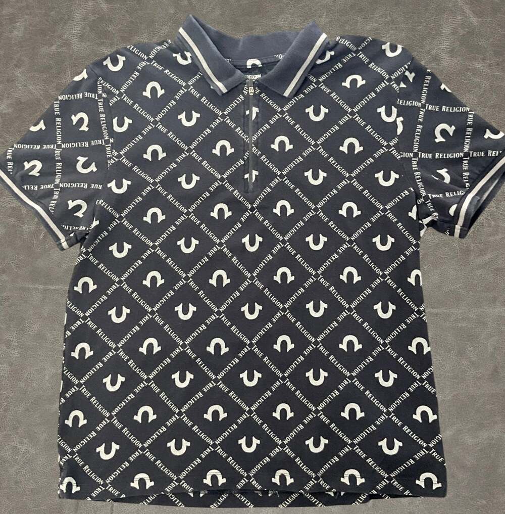 True Religion Men's Zip Up All Over Logo Polo Shirt Black Gray M